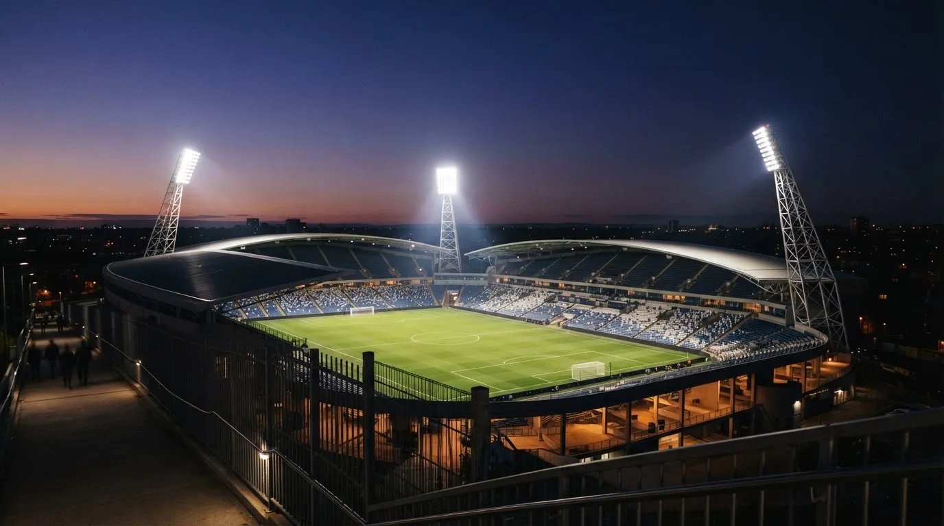 Ein Stadion bei Dämmerung mit eingeschalteten Flutlichtmasten, von einer Brücke aus aufgenommen.
