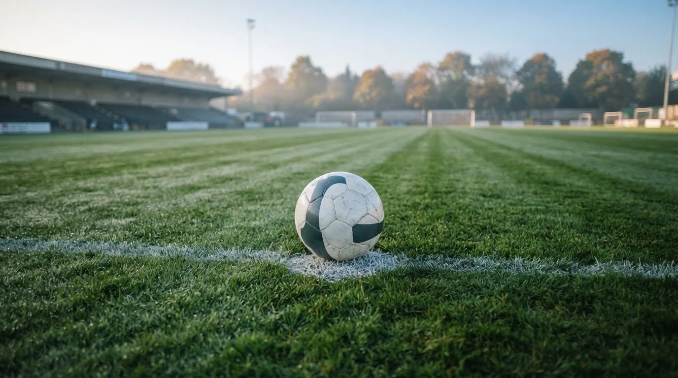 Ein Fußball liegt auf dem Anstoßkreis eines leeren Rasenplatzes im frühen Morgenlicht.