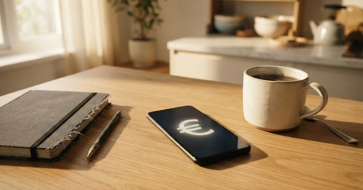 Ein Smartphone mit dunklem Display liegt neben einer Kaffeetasse und einem Notizbuch auf einem Küchentisch.