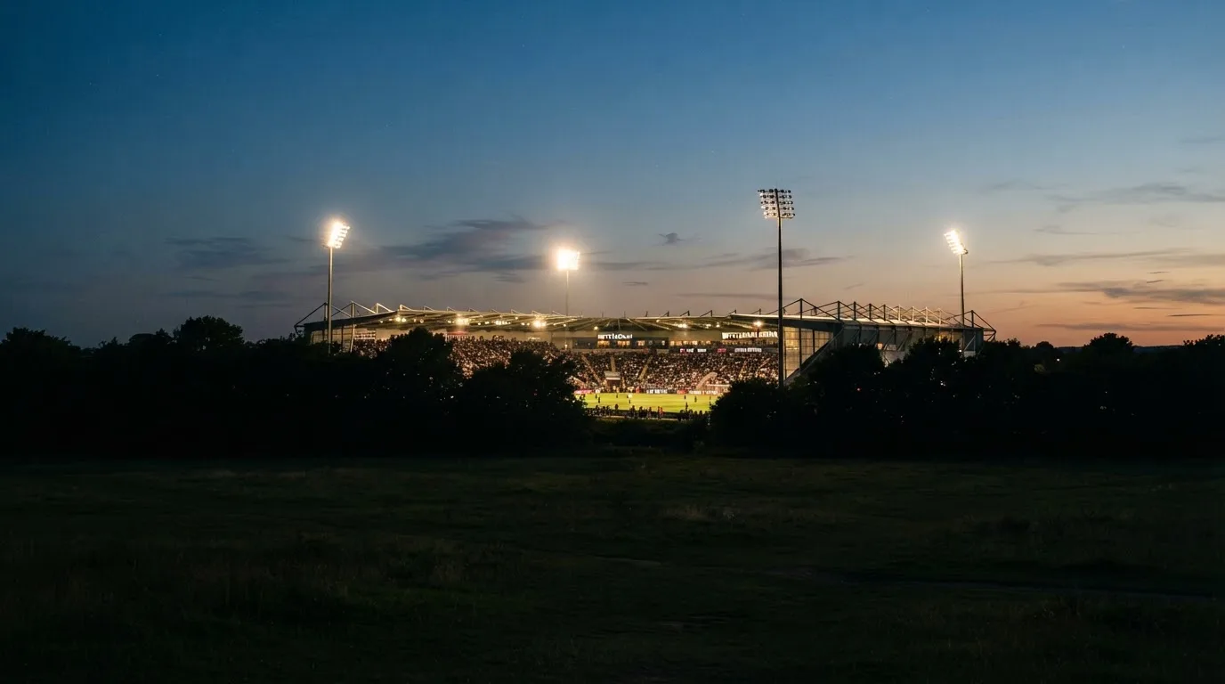 Ein Stadion unter Flutlicht aus großer Entfernung, davor die Silhouetten von Bäumen im Abendhimmel.