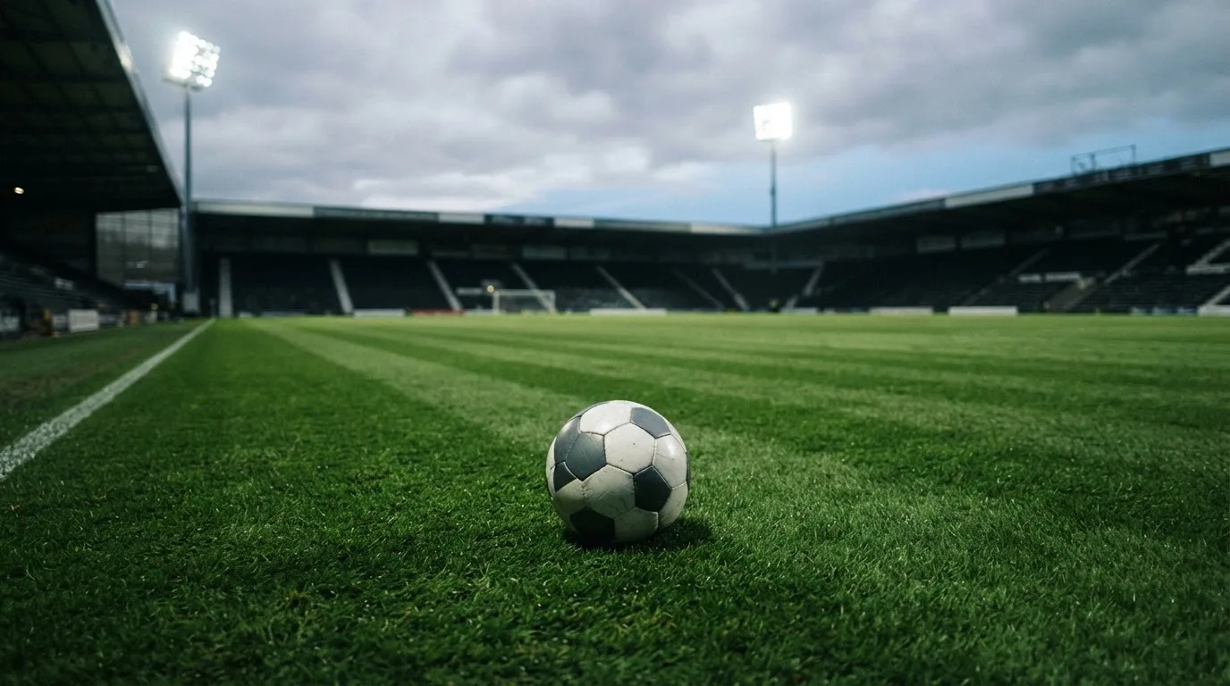 Ein Fußball auf einem Rasenplatz, im Hintergrund Flutlichtmasten und ein bewölkter Himmel.