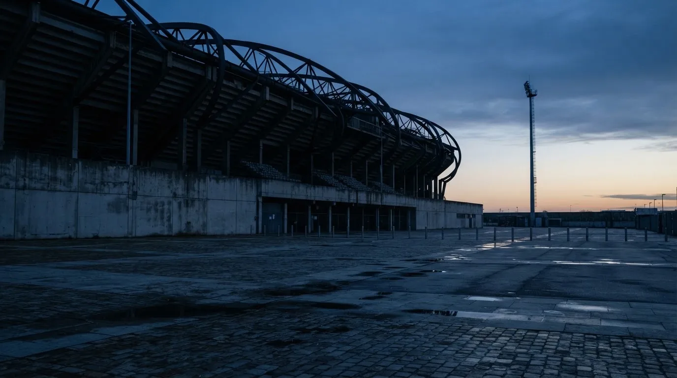 Die Rückseite einer Tribüne bei Dämmerung, davor ein menschenleerer Vorplatz mit Pflastersteinen.