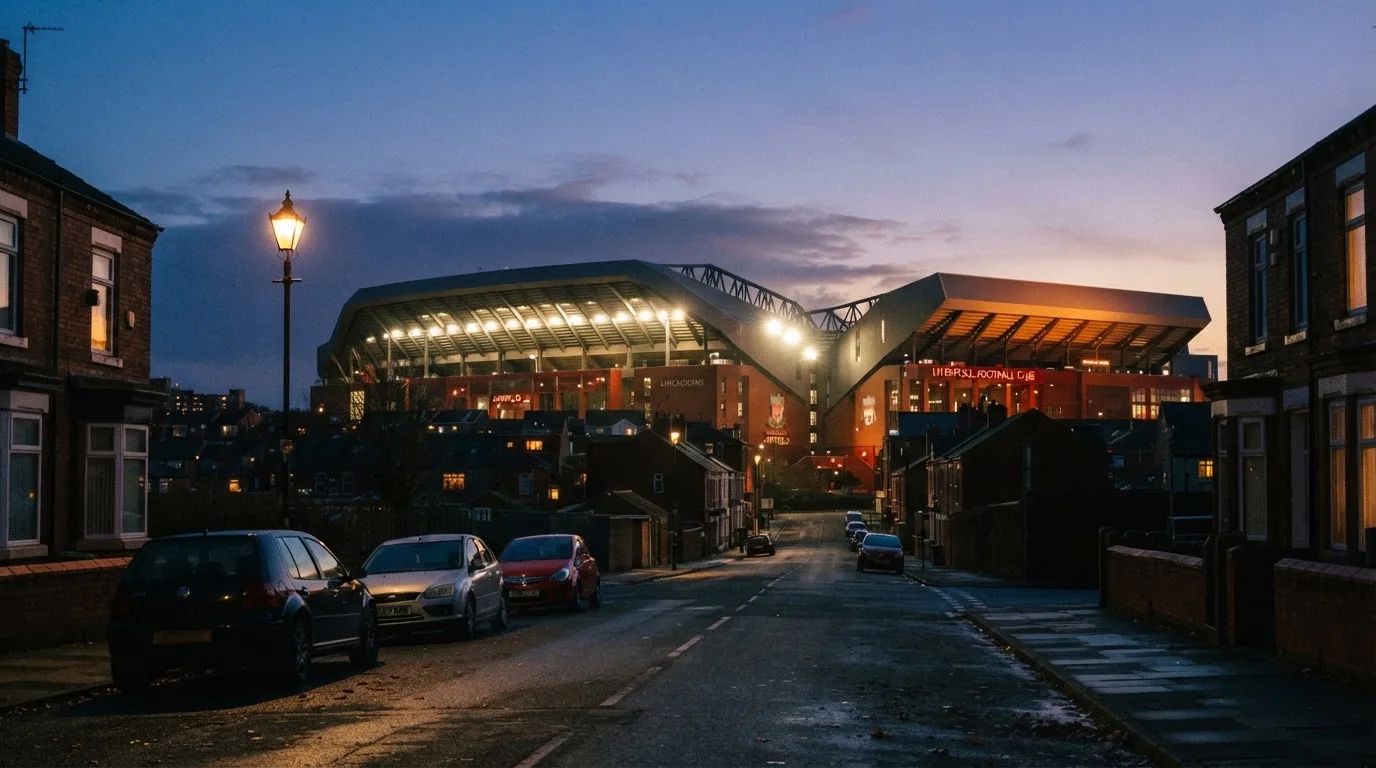 Ein Stadion aus der Ferne bei Flutlicht, davor eine ruhige Straße in der Abenddämmerung.