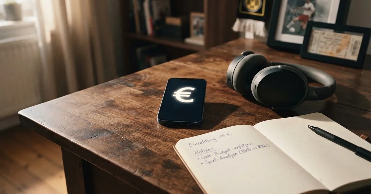 Ein Smartphone mit schwarzem Display liegt neben Kopfhörern auf einem Schreibtisch, daneben ein aufgeschlagenes Notizbuch.