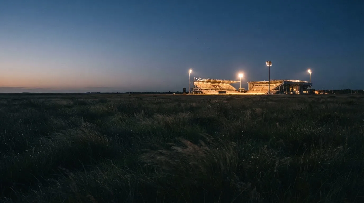 Ein hell beleuchtetes Stadion aus der Ferne in der Dämmerung, im Vordergrund ein Feld mit hohem Gras.