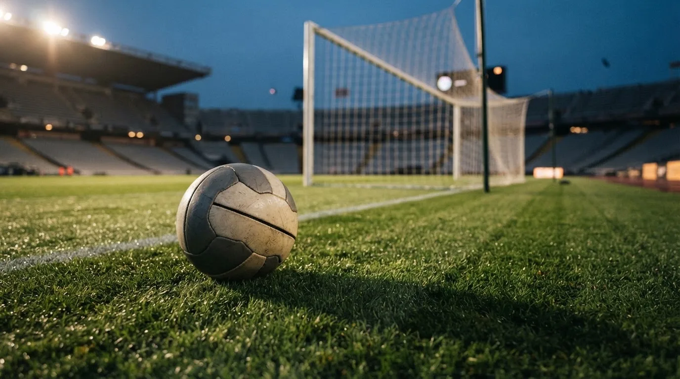 Ein Fußball liegt im Strafraum eines leeren Platzes, dahinter die Netze des Tores im Abendlicht.