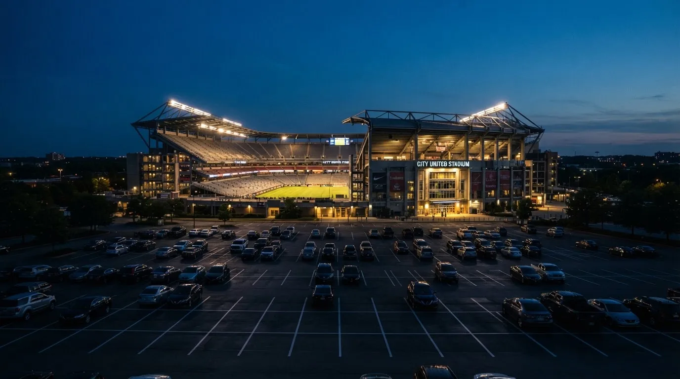 Ein Stadion unter Flutlicht aus großer Entfernung bei Einbruch der Dunkelheit, davor ein stiller Parkplatz.