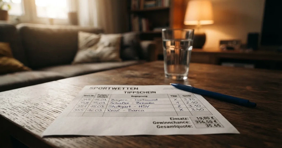 Ein leerer Papier-Wettschein liegt zusammen mit einem Kugelschreiber auf einem Tisch, daneben ein Glas Wasser.