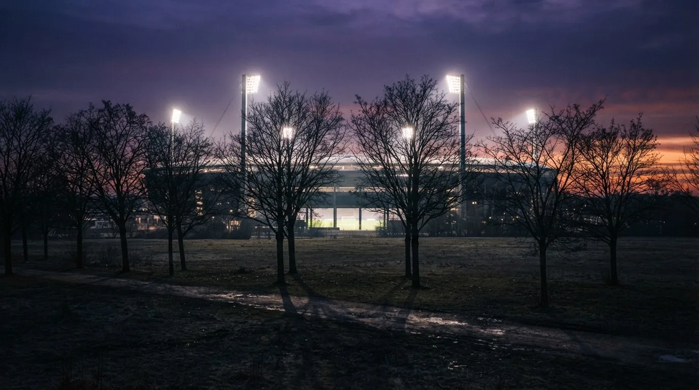 Ein Stadion unter Flutlicht, aus großer Entfernung gesehen, davor eine Reihe kahler Bäume im Dämmerlicht.