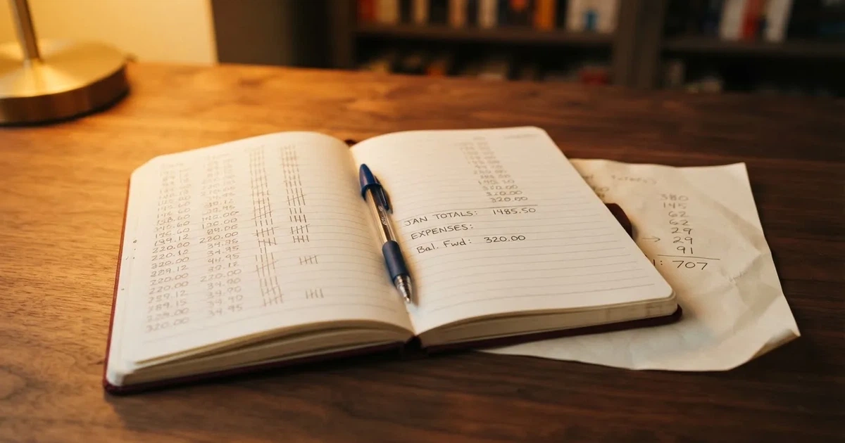 Ein Notizbuch mit handschriftlichen Zahlenreihen und Strichlisten liegt neben einem Taschenrechner auf einem Schreibtisch.