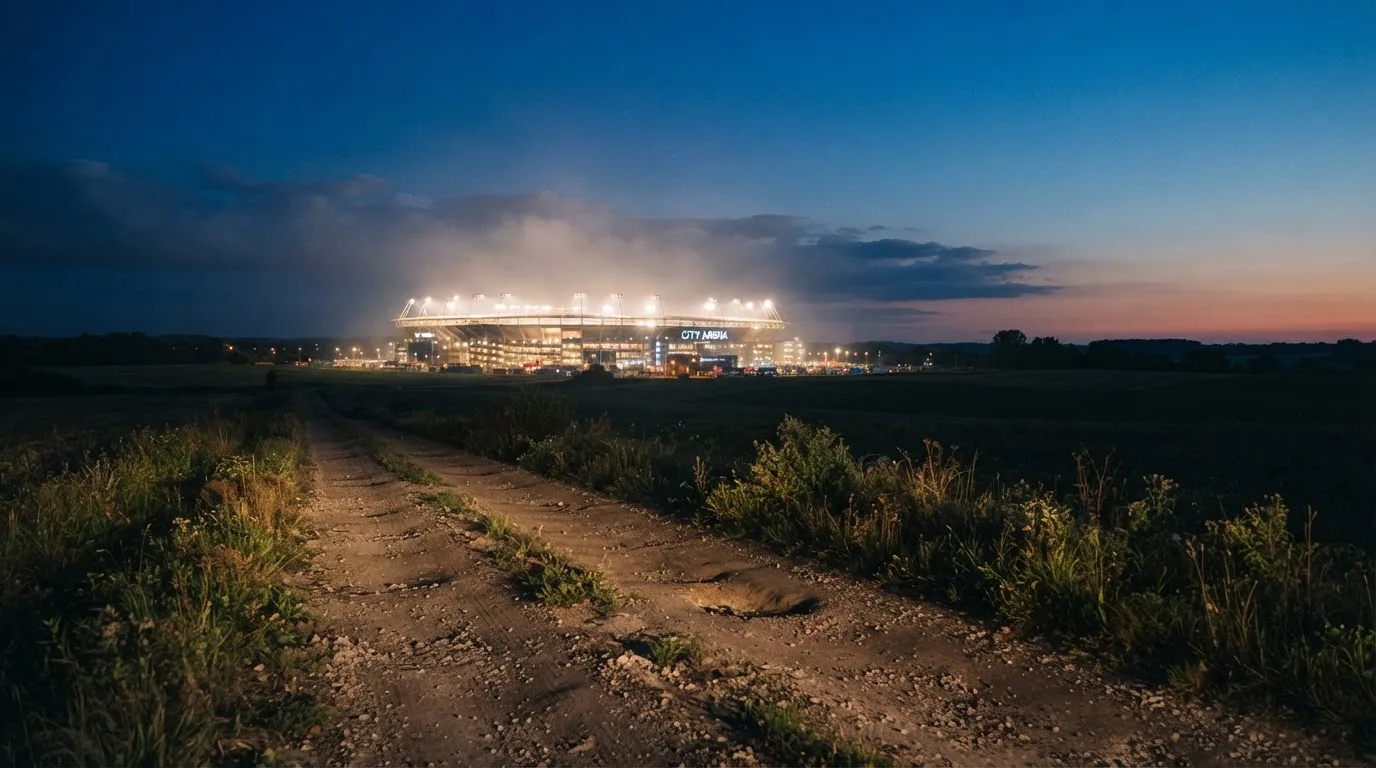 Ein beleuchtetes Stadion aus großer Distanz am Abend, im Vordergrund ein Feldweg.
