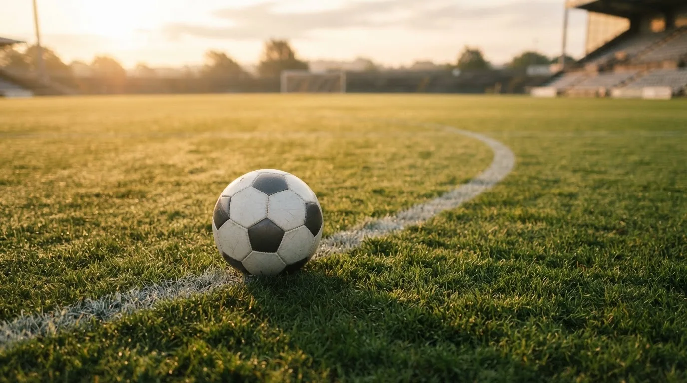 Ein Fußball liegt am Rand des Mittelkreises auf einem leeren Rasenplatz bei Sonnenaufgang.