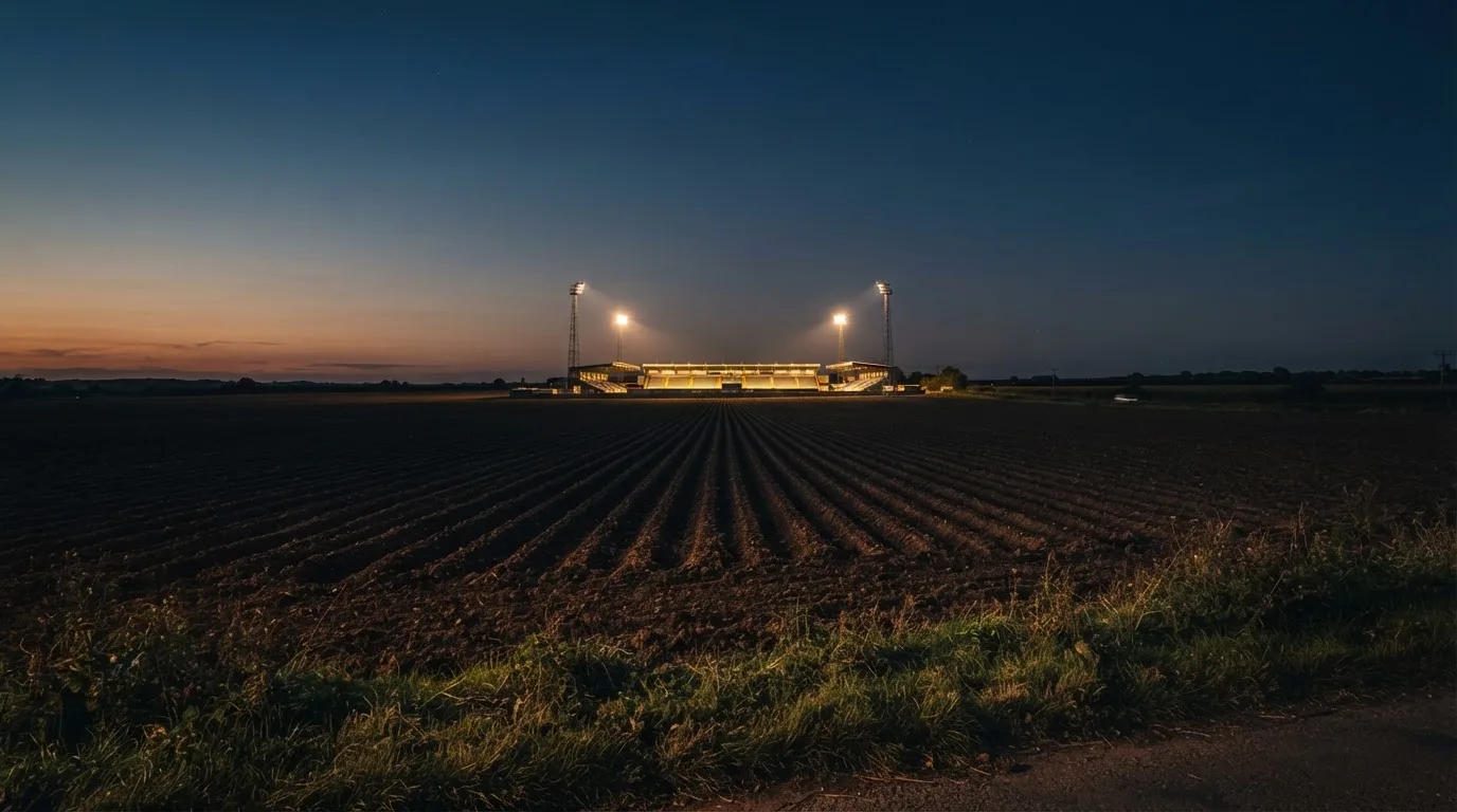 Ein Stadion unter Flutlicht aus großer Entfernung, davor ein dunkler Acker im Abendlicht.