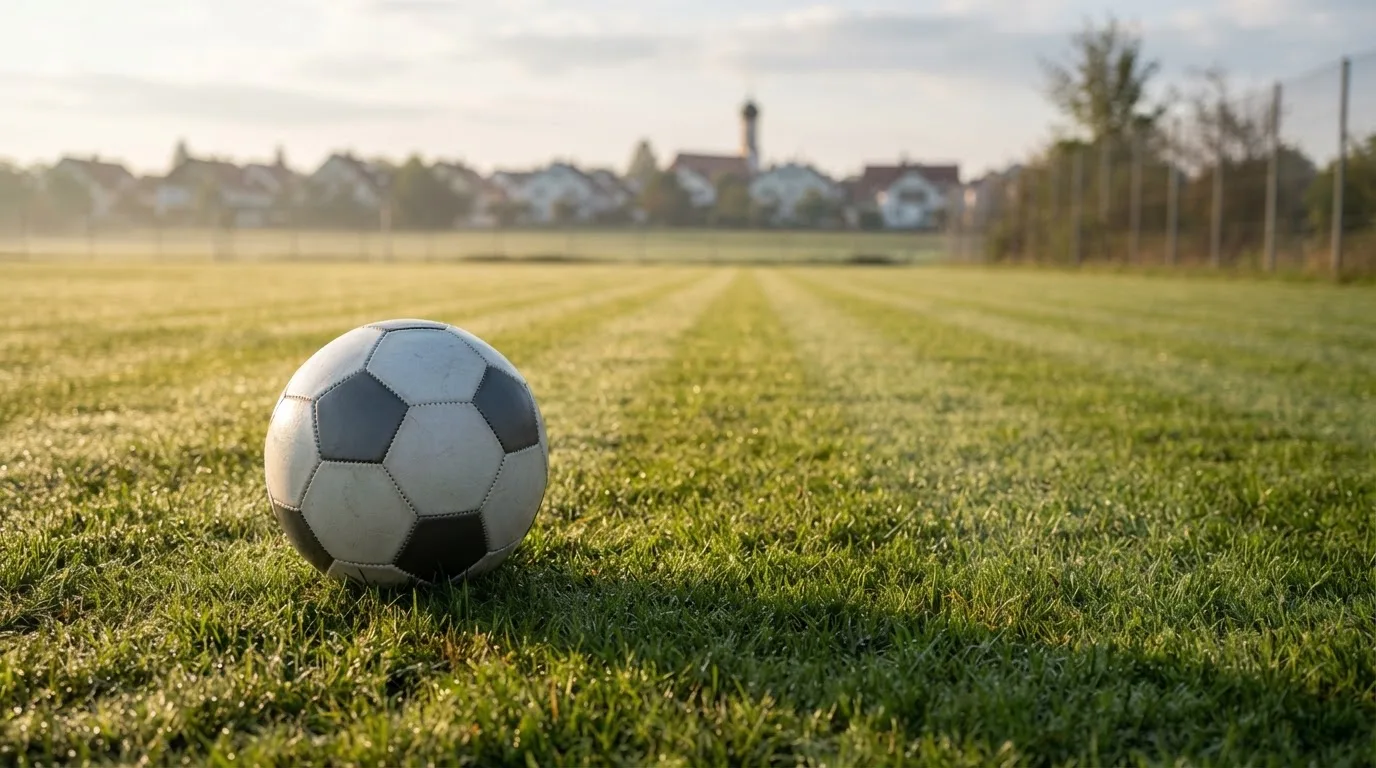 Ein Fußball auf dem Rasen eines leeren Sportplatzes am Rand einer Kleinstadt im Morgenlicht.