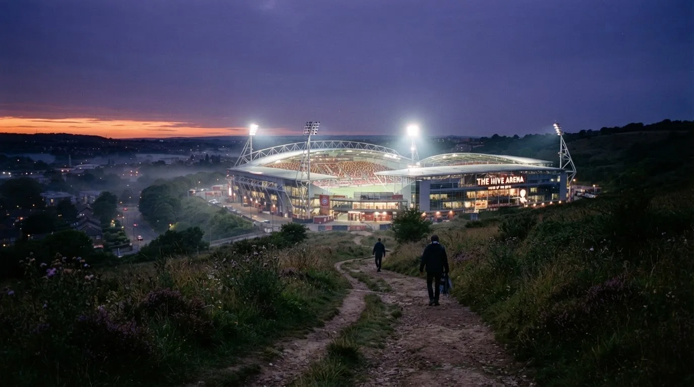 Ein Stadion unter Flutlicht, von einer Anhöhe aus gesehen, davor ein stiller Weg in der Dämmerung.