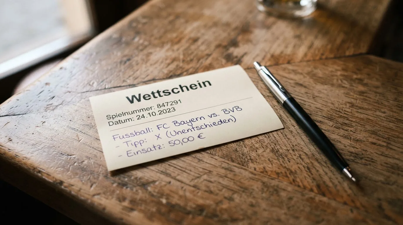 Ein leerer Wettschein aus Papier liegt neben einem Stift auf einer hölzernen Theke, weiches Licht fällt von der Seite ein.