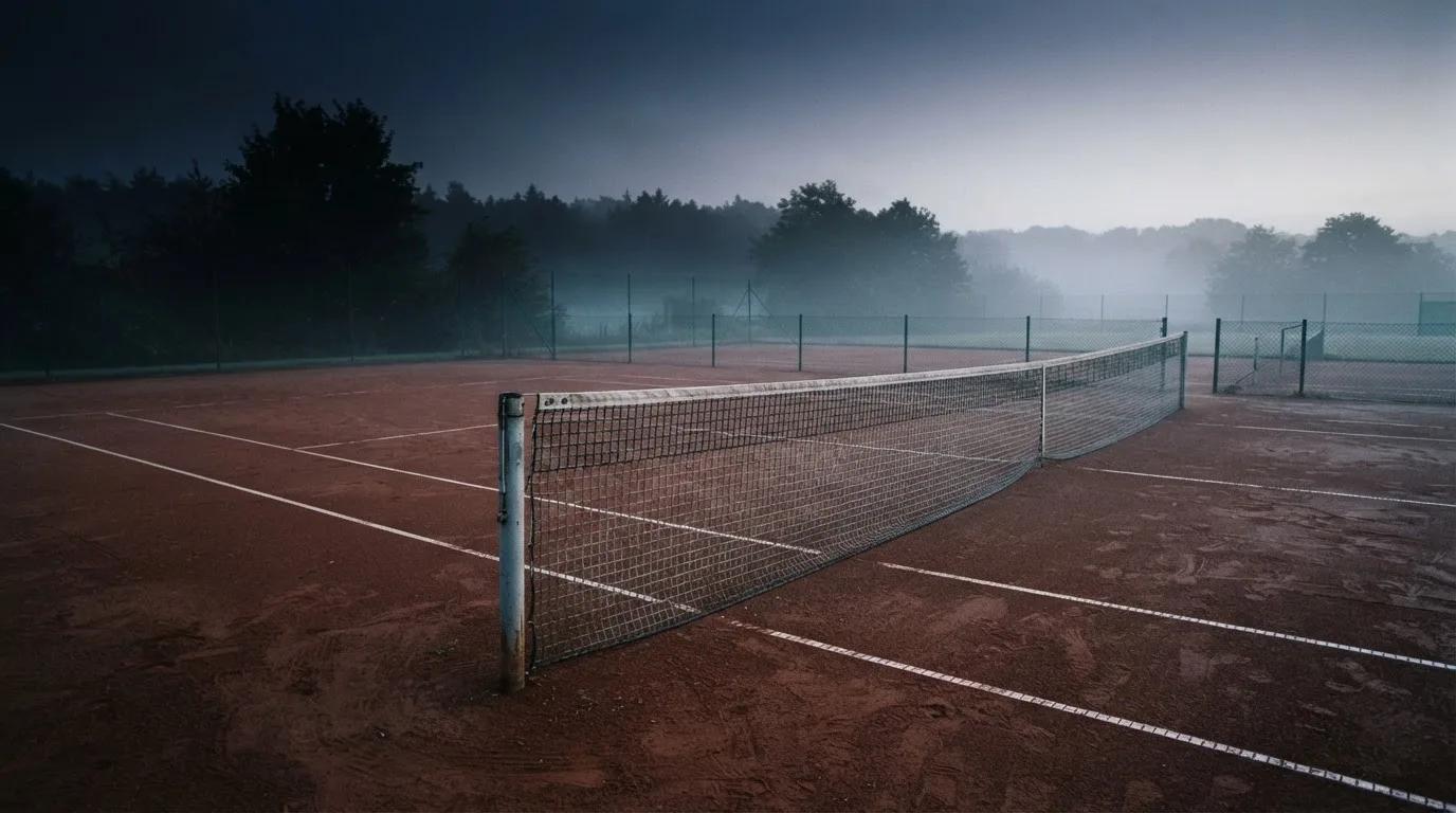 Ein Tennisplatz im Morgengrauen, das Netz und die Linien liegen im Tau, im Hintergrund leichter Nebel und kein Mensch zu sehen.