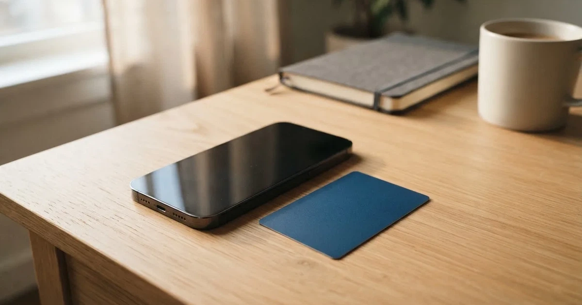 Ein Smartphone mit dunklem Display liegt neben einer schlichten Plastikkarte ohne Aufdruck auf einem hellen Schreibtisch.