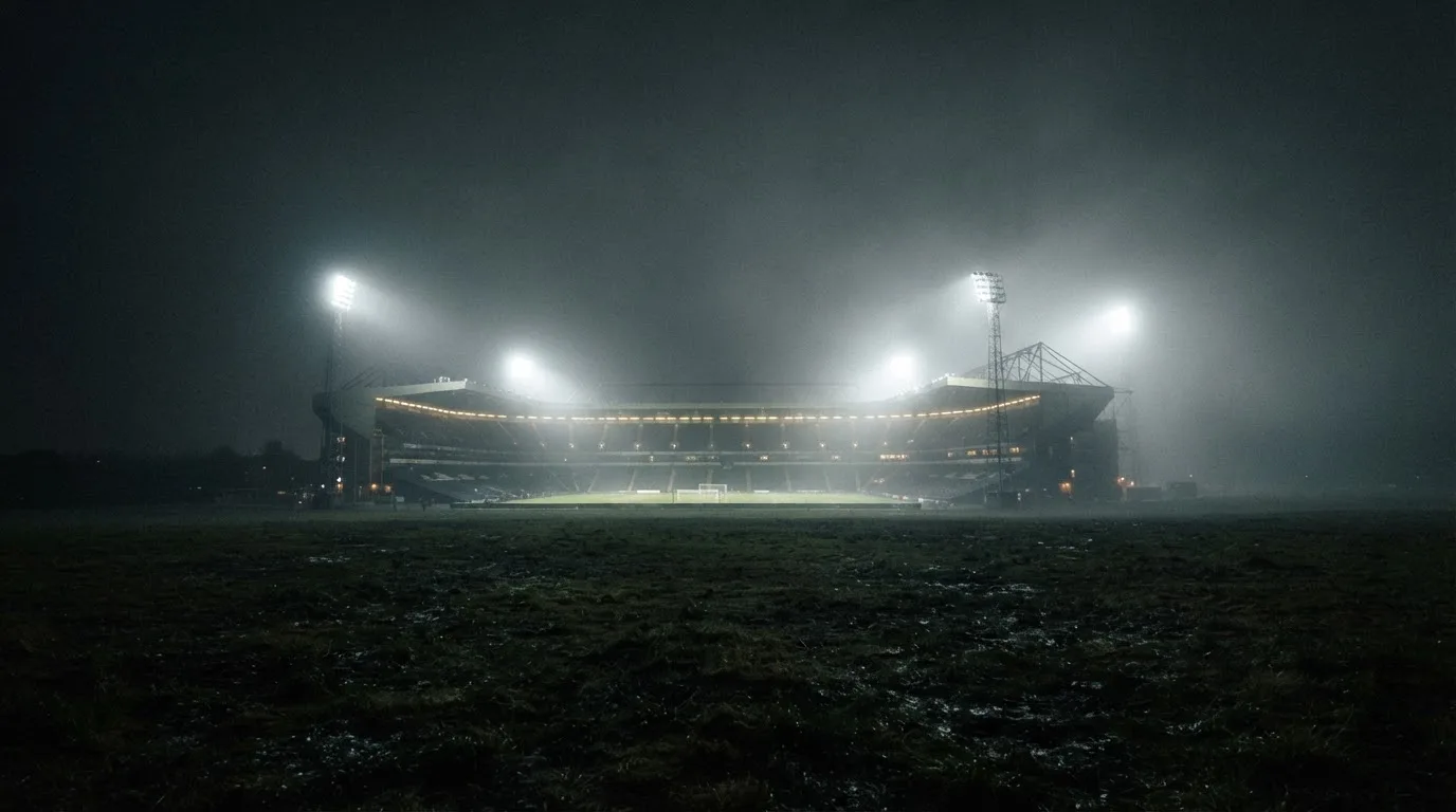 Ein Stadion unter Flutlicht, aus großer Entfernung über eine dunkle Wiese fotografiert, am Himmel zieht Nebel auf.