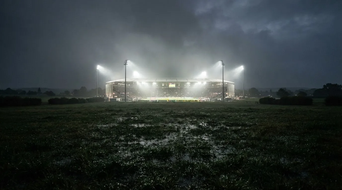 Ein Stadion unter Flutlicht, aus großer Entfernung über eine dunkle Wiese fotografiert, am Himmel zieht Nebel auf.