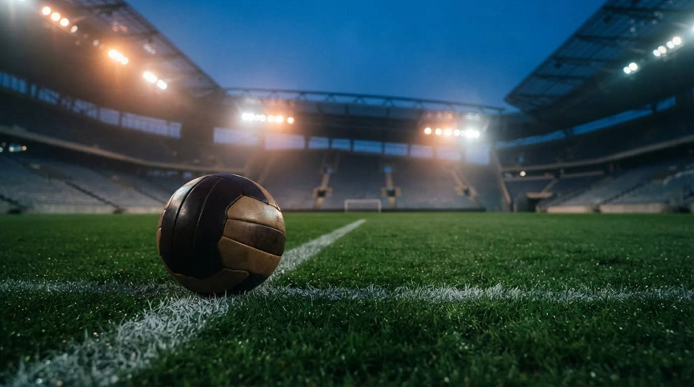 Ein Fußball liegt auf dem Anstoßpunkt eines leeren Rasenplatzes, im Hintergrund steht ein Stadion unter Flutlicht in der Dämmerung.