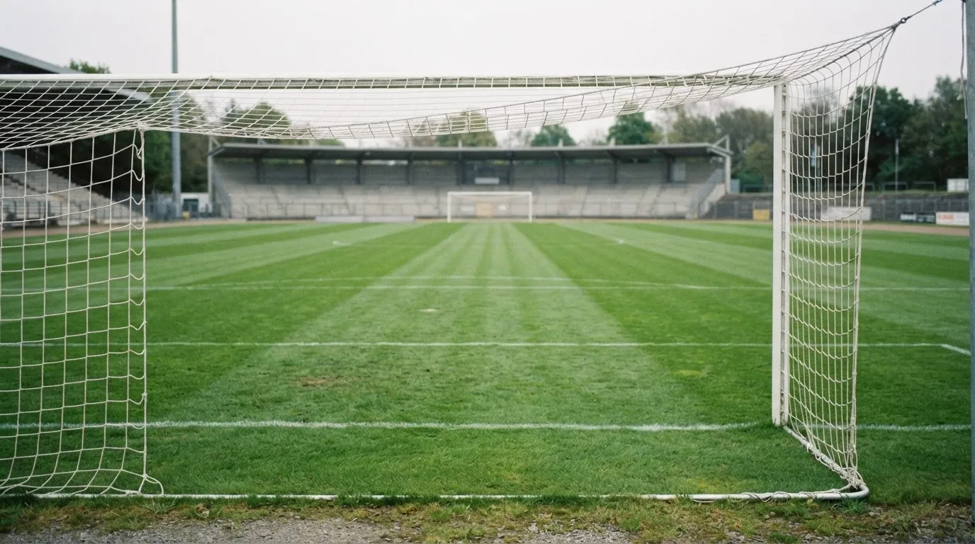 Ein Fußball liegt auf dem Rasen eines leeren Platzes, im Hintergrund ein Stadion unter Flutlicht in der Abenddämmerung.