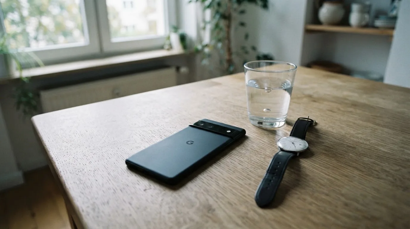 Ein Smartphone liegt mit dem Display nach unten auf einem Küchentisch, daneben stehen ein Glas Wasser und eine Armbanduhr.