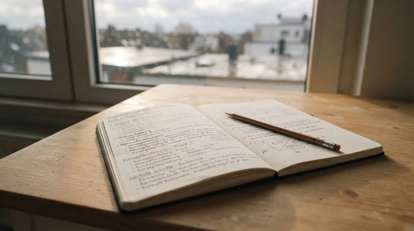 Ein Notizbuch mit handschriftlichen Notizen und ein Bleistift liegen auf einem Schreibtisch am Fenster, draußen fällt Morgenlicht herein.