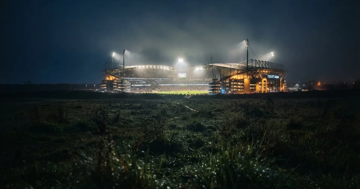 Ein Stadion unter Flutlicht, aus großer Entfernung über eine dunkle Wiese fotografiert, am Himmel zieht Nebel auf.