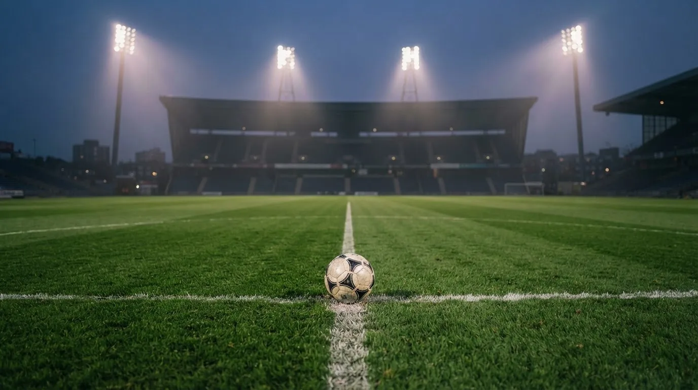 Ein Fußball liegt auf dem Anstoßpunkt eines leeren Rasenplatzes, im Hintergrund steht ein Stadion unter Flutlicht in der Dämmerung.