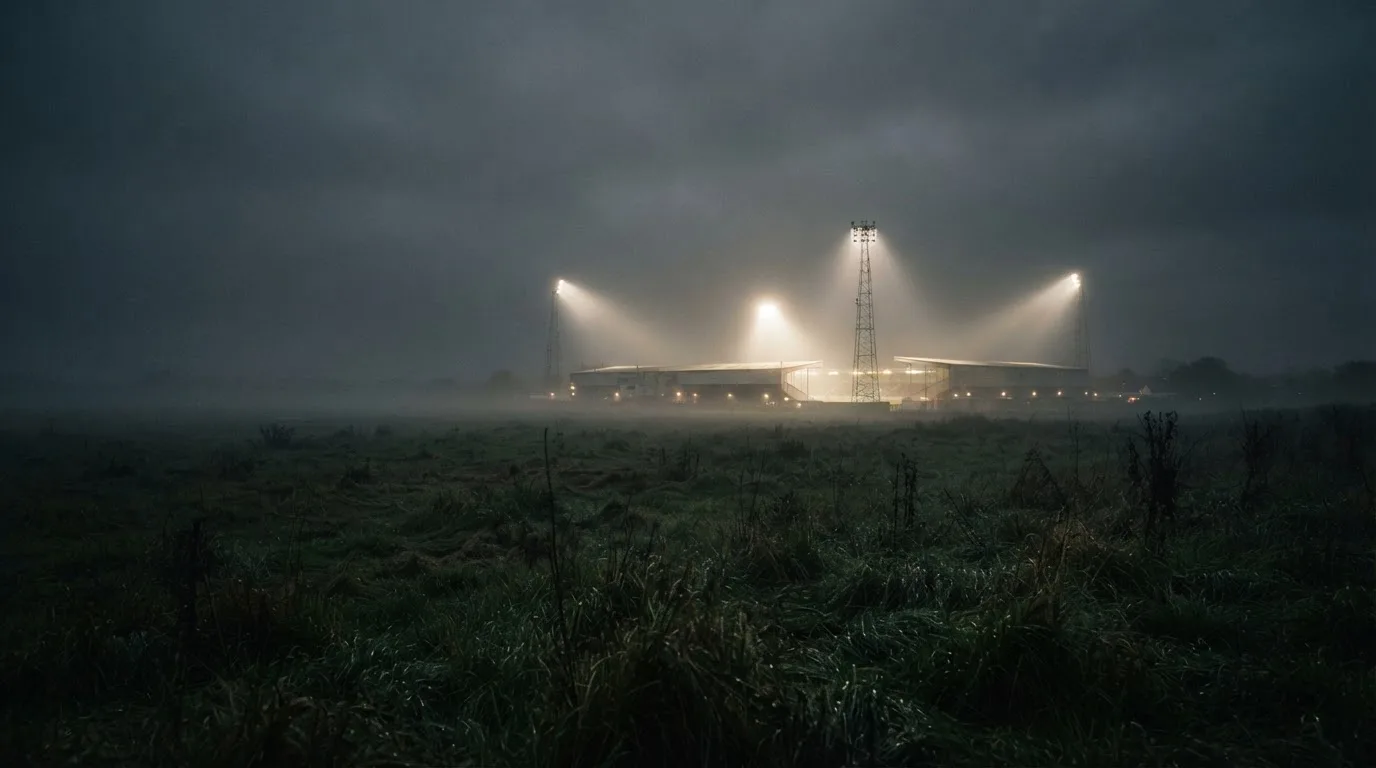 Ein Stadion unter Flutlicht, aus großer Entfernung über eine dunkle Wiese fotografiert, am Himmel zieht Nebel auf.