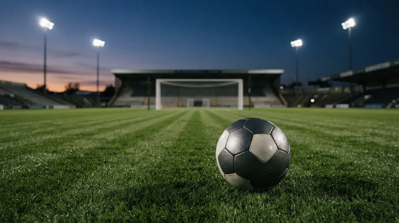 Ein Fußball liegt auf dem Rasen eines leeren Platzes, im Hintergrund ein Stadion unter Flutlicht in der Abenddämmerung.