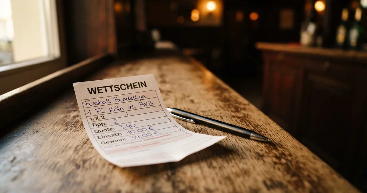 Ein leerer Wettschein aus Papier liegt neben einem Stift auf einer hölzernen Theke, weiches Licht fällt von der Seite ein.
