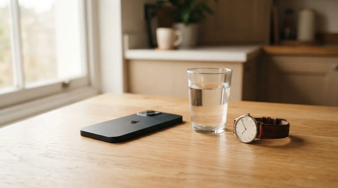 Ein Smartphone liegt mit dem Display nach unten auf einem Küchentisch, daneben stehen ein Glas Wasser und eine Armbanduhr.