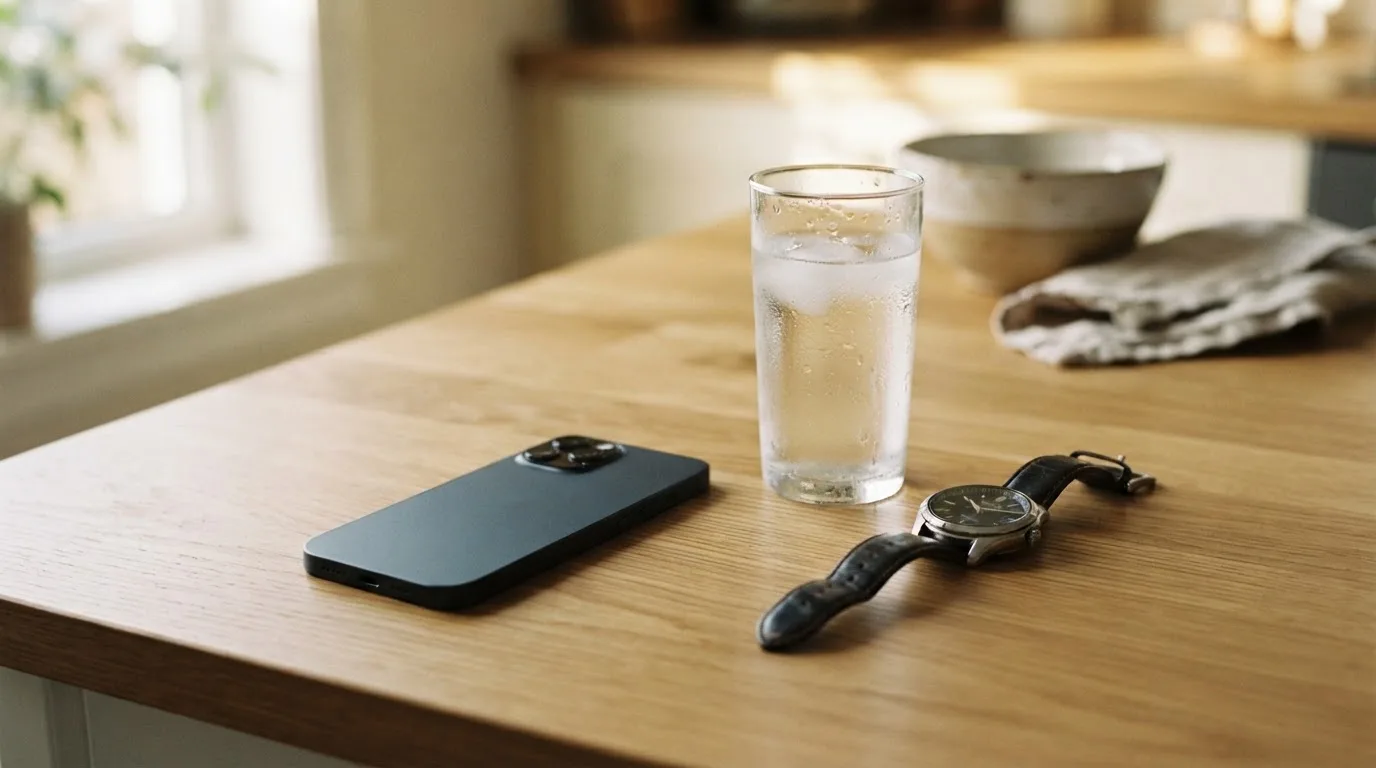 Ein Smartphone liegt mit dem Display nach unten auf einem Küchentisch, daneben stehen ein Glas Wasser und eine Armbanduhr.
