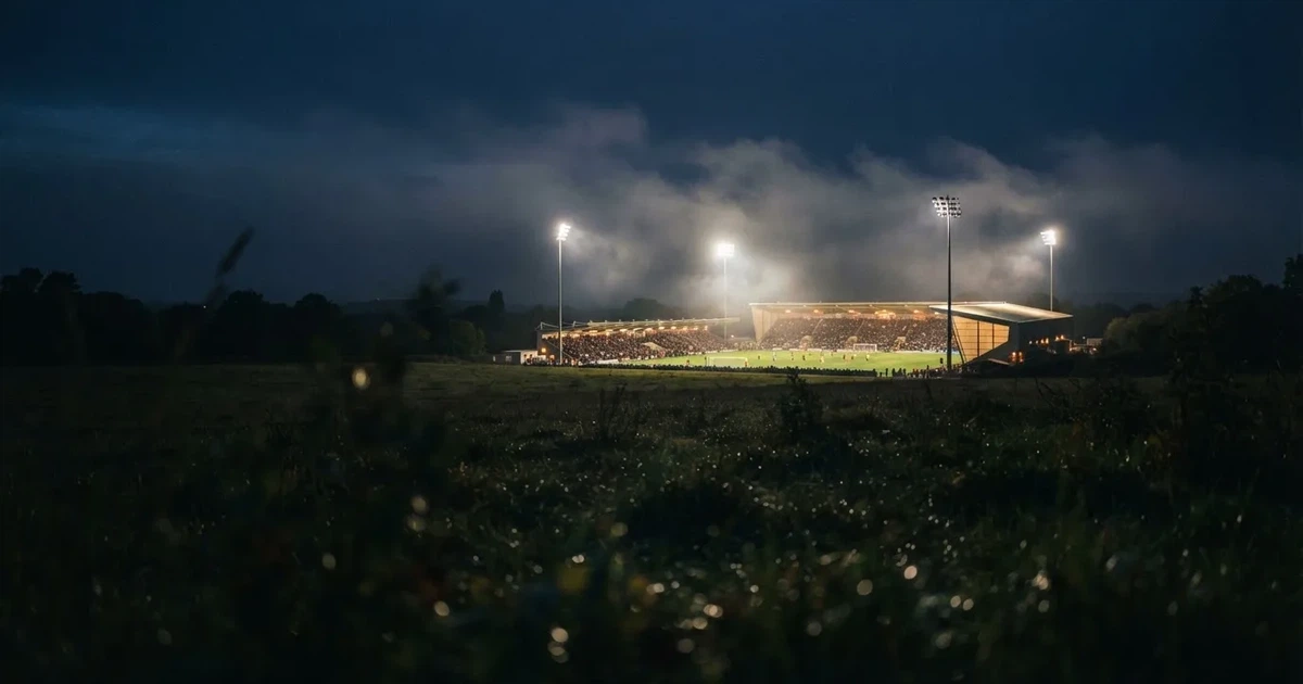 Ein Stadion unter Flutlicht, aus großer Entfernung über eine dunkle Wiese fotografiert, am Himmel zieht Nebel auf.