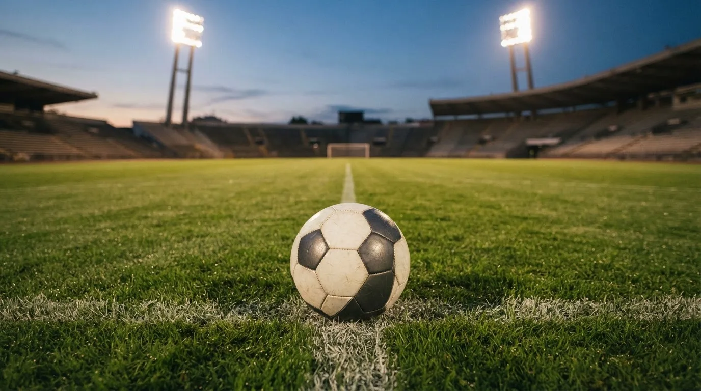 Ein Fußball liegt auf dem Anstoßpunkt eines leeren Rasenplatzes, im Hintergrund steht ein Stadion unter Flutlicht in der Dämmerung.