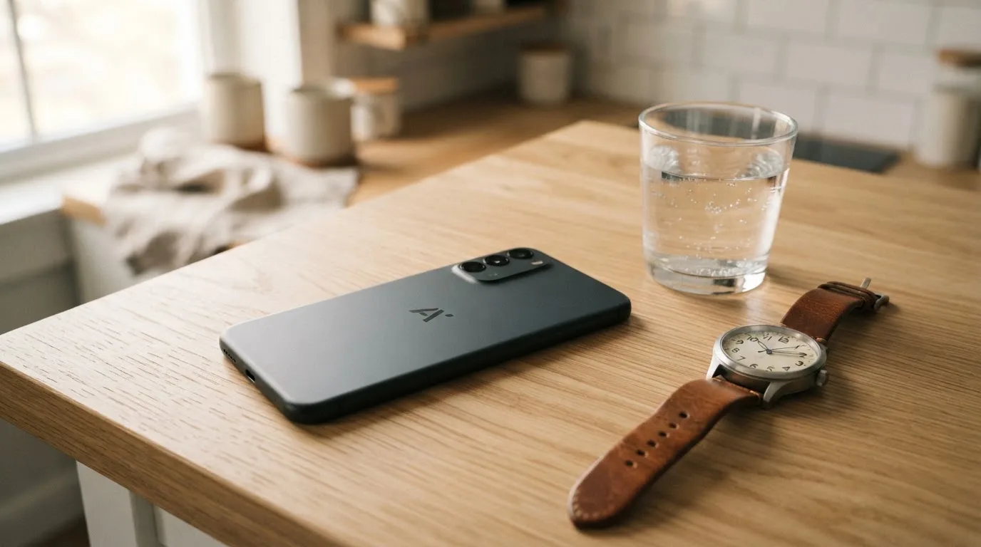 Ein Smartphone liegt mit dem Display nach unten auf einem Küchentisch, daneben stehen ein Glas Wasser und eine Armbanduhr.