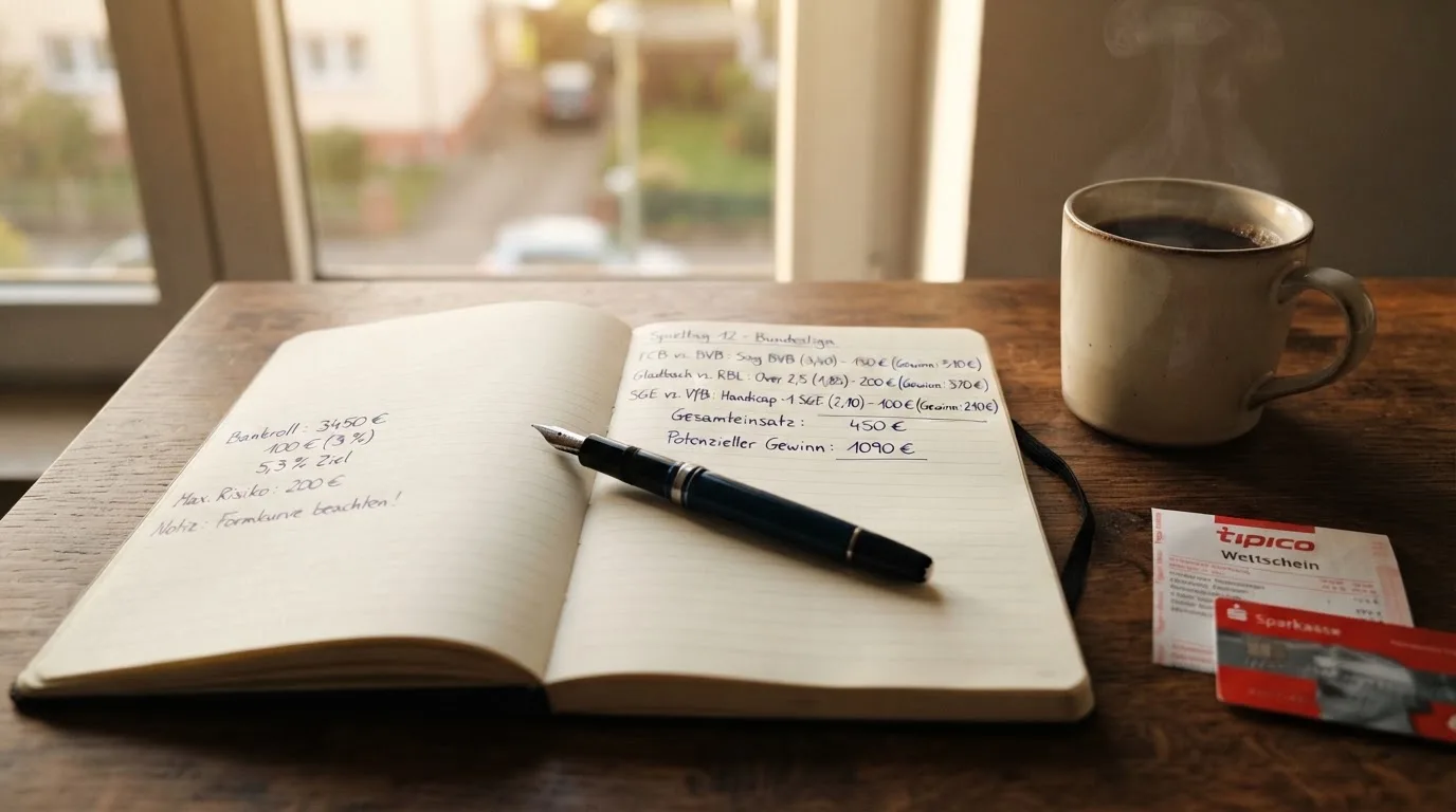 Ein Notizbuch mit handschriftlichen Rechnungen und ein Taschenrechner liegen auf einem Schreibtisch neben einer Tasse Kaffee im Licht des frühen Morgens.