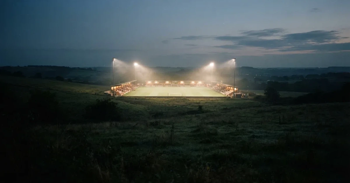 Ein Stadion unter Flutlicht, aus großer Entfernung über eine dunkle Wiese fotografiert, am Himmel zieht Nebel auf.