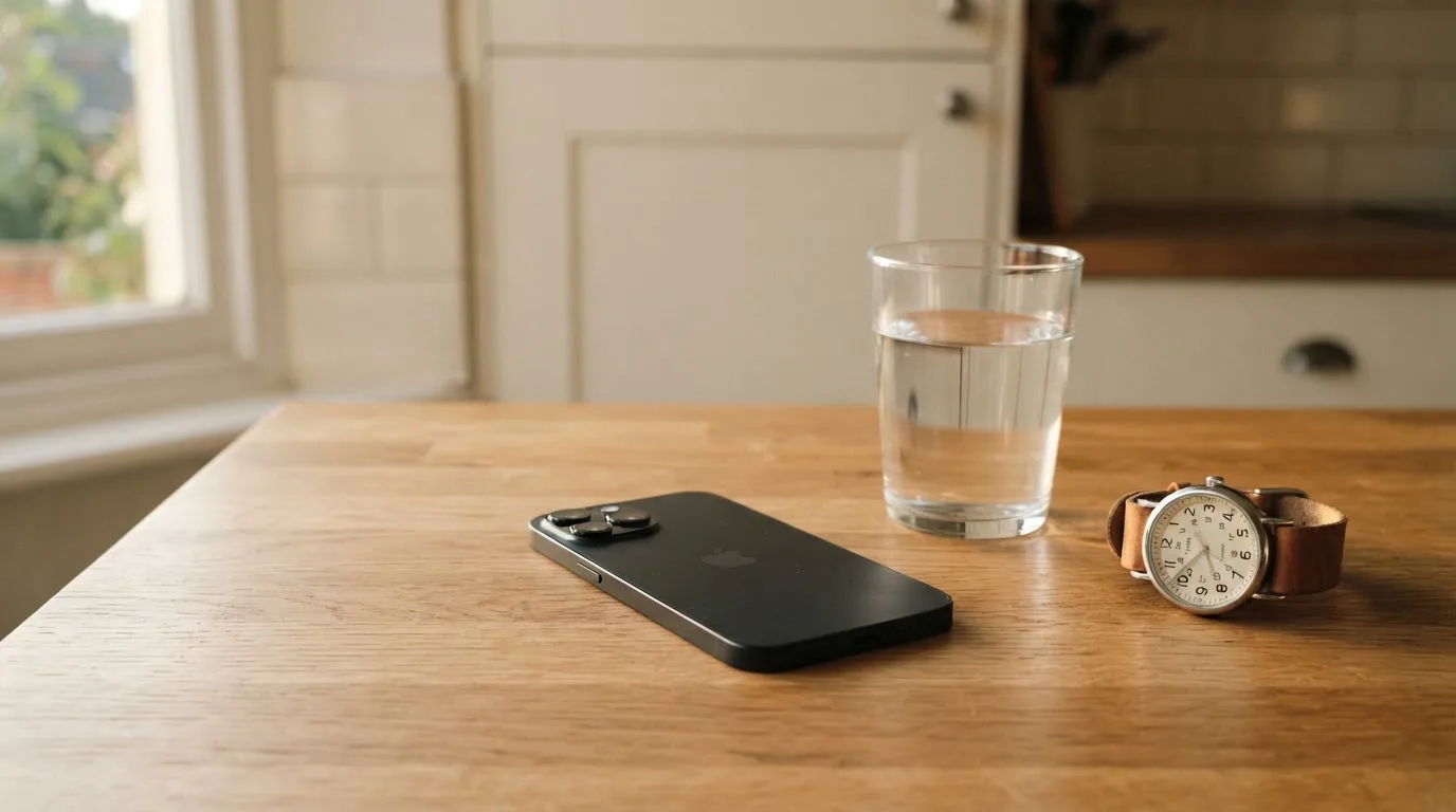 Ein Smartphone liegt mit dem Display nach unten auf einem Küchentisch, daneben stehen ein Glas Wasser und eine Armbanduhr.