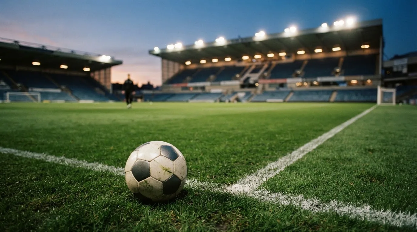 Ein Fußball liegt auf dem Rasen eines leeren Platzes, im Hintergrund ein Stadion unter Flutlicht in der Abenddämmerung.
