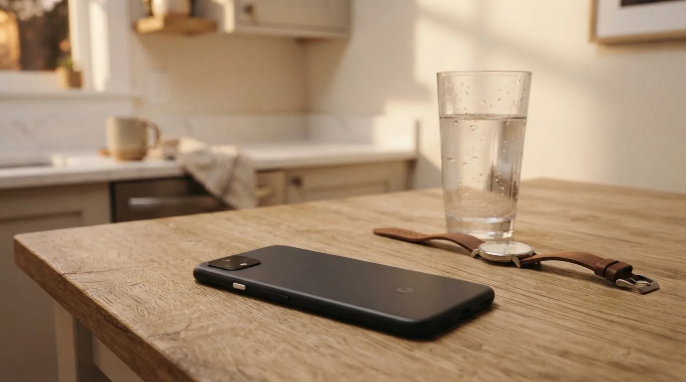 Ein Smartphone liegt mit dem Display nach unten auf einem Küchentisch, daneben stehen ein Glas Wasser und eine Armbanduhr.