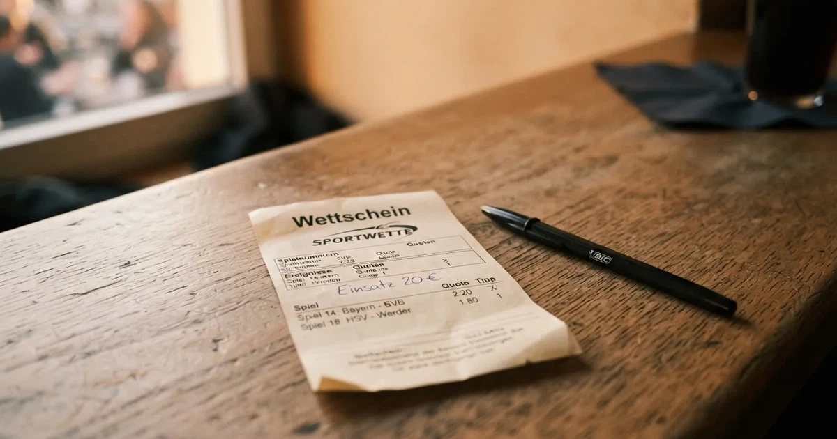 Ein leerer Wettschein aus Papier liegt neben einem Stift auf einer hölzernen Theke, weiches Licht fällt von der Seite ein.