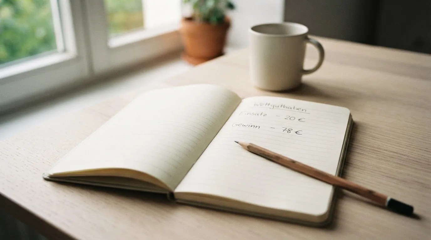 Ein Notizbuch mit handschriftlichen Notizen und ein Bleistift liegen auf einem Schreibtisch am Fenster, draußen fällt Morgenlicht herein.