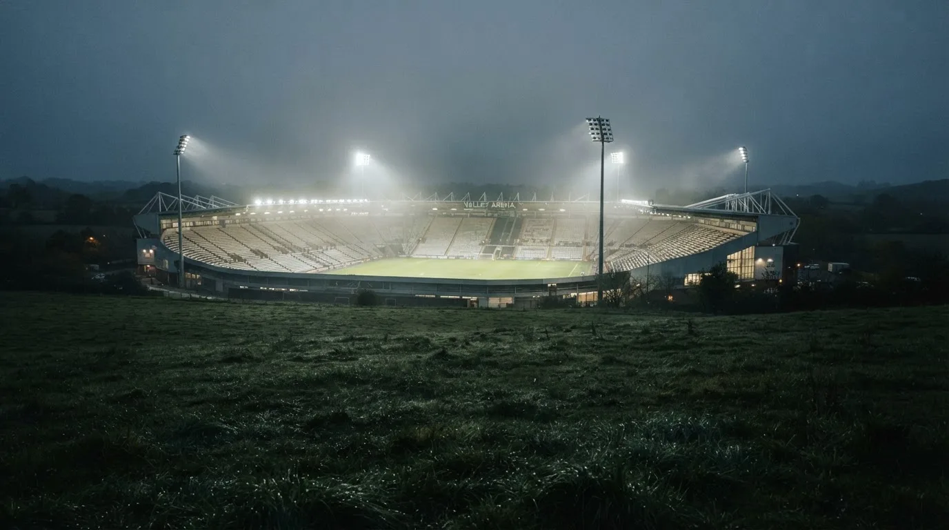 Ein Stadion unter Flutlicht, aus großer Entfernung über eine dunkle Wiese fotografiert, am Himmel zieht Nebel auf.