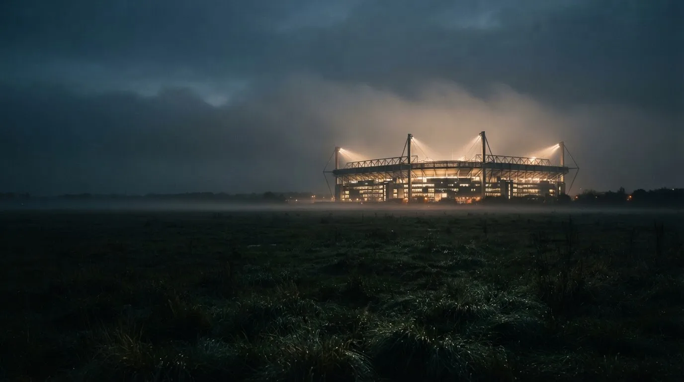 Ein Stadion unter Flutlicht, aus großer Entfernung über eine dunkle Wiese fotografiert, am Himmel zieht Nebel auf.