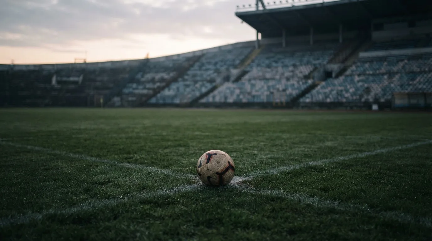 Ein Fußball liegt auf dem Anstoßpunkt eines leeren Rasenplatzes in der Morgendämmerung, im Hintergrund eine leere Tribüne.
