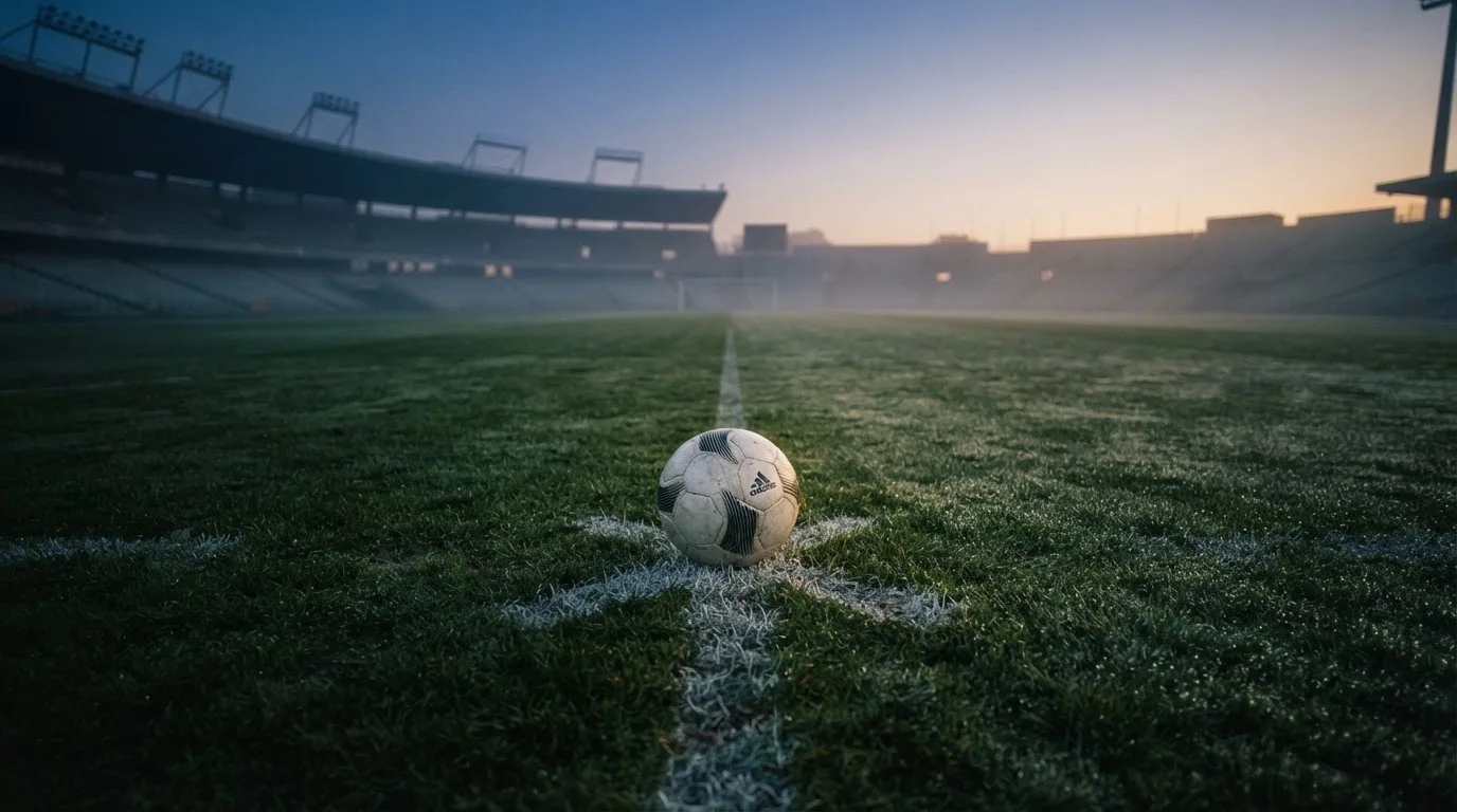 Ein Fußball ruht auf dem Mittelkreis eines leeren Rasenplatzes in der Morgendämmerung, Tau liegt auf dem Gras.
