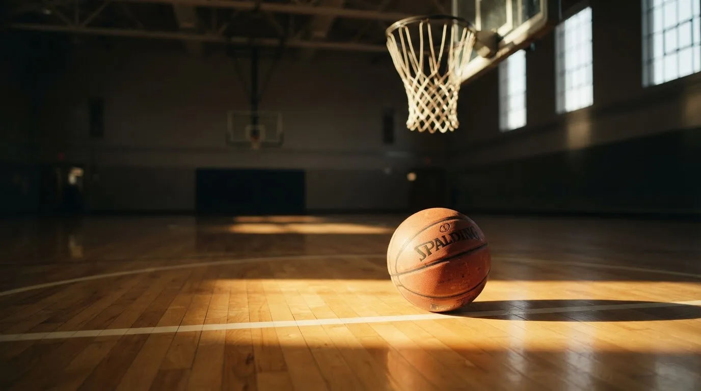 Ein Basketball liegt auf dem Hallenboden unter einem Korb, das Netz hängt ruhig, Morgenlicht fällt durch hohe Fenster.